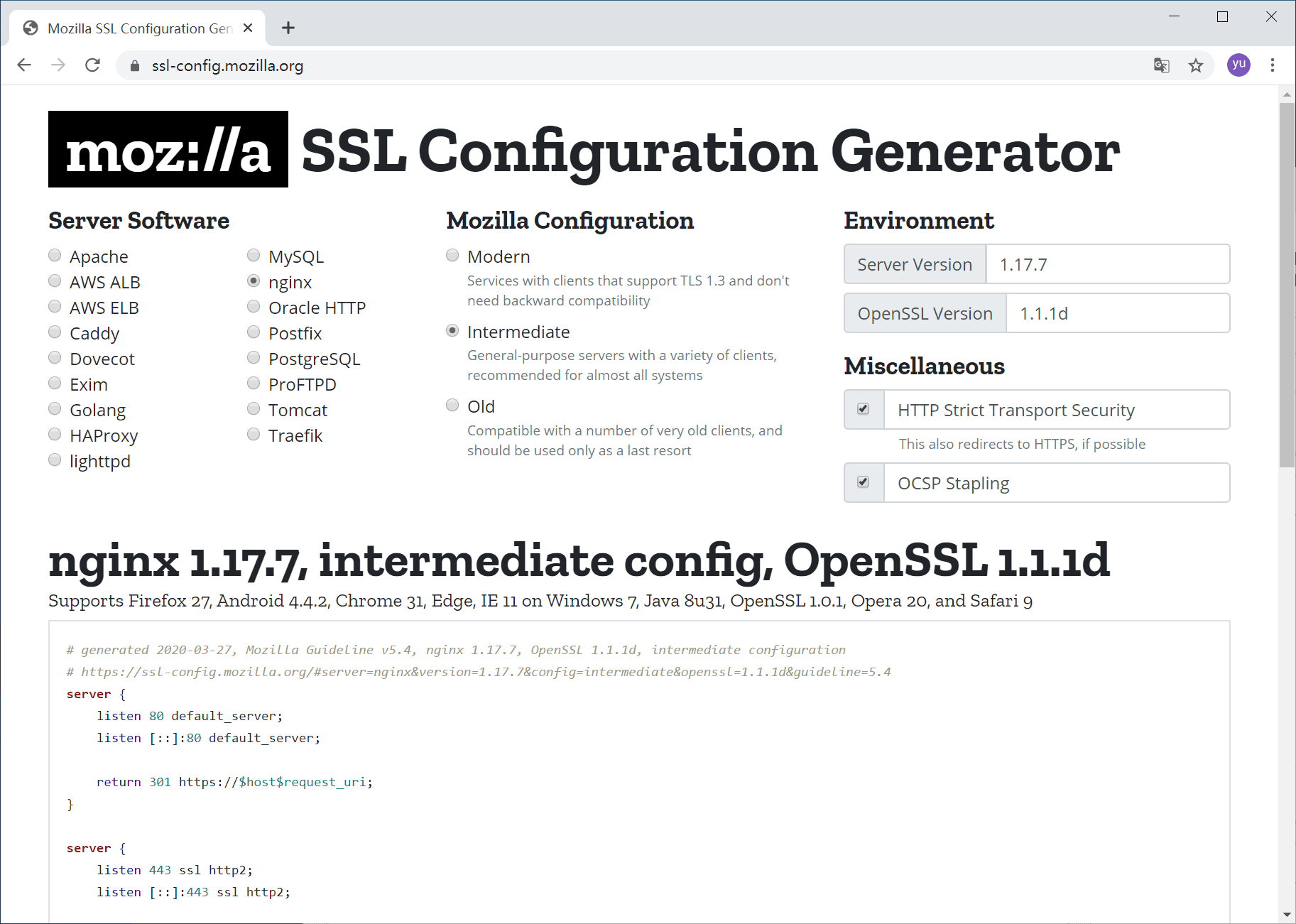Mozilla SSL配置生成器